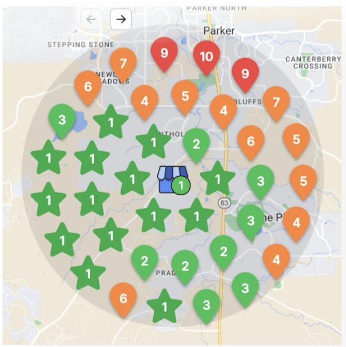 Local SEO heatmap after, showing top rankings across the service area