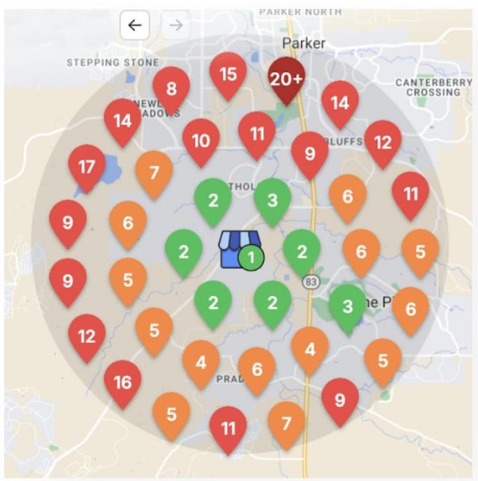Local SEO heatmap before, showing mostly poor rankings across the service area